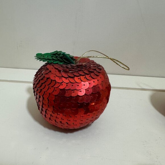 Handmade Vintage Sequin Apple Christmas Ornaments Set Of 5 Gold & Red - Picture 9 of 16